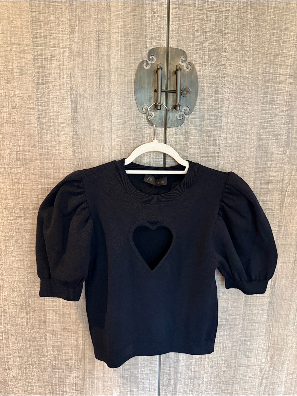 Zara Navy Puff-Sleeve Top with Heart Cutout